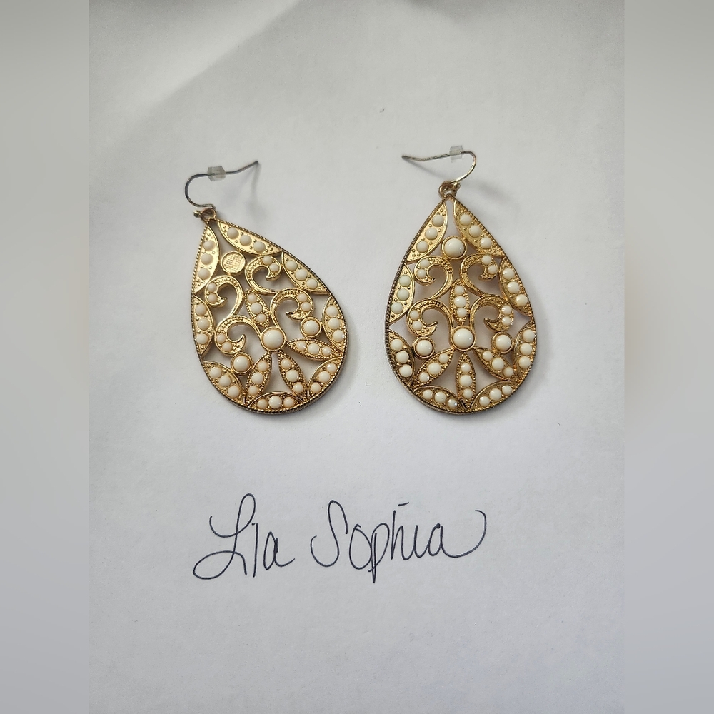 Lia Sophia Gold and White Chandler Big Dangle Earrings